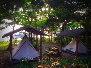 two tents and a picnic table in a forest at Jimmy Explorer Campsite and Dive Center in Lanyu