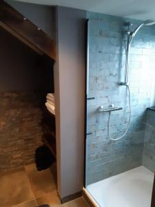 a bathroom with a shower and a toilet at Bed and Breakfast Kik en Bun in Katwijk aan Zee