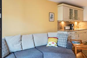 eine blaue Couch mit zwei Kissen in der Küche in der Unterkunft Ferienwohnung mit Gartenblick in Überlingen