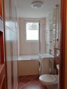 La salle de bains est pourvue d'une baignoire, de toilettes et d'une fenêtre. dans l'établissement Mieszkanie Nad Popradem INPIW03, à Piwniczna-Zdrój