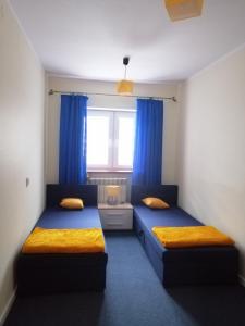 two beds in a room with blue curtains and a window at Mieszkanie Nad Popradem INPIW03 in Piwniczna-Zdrój