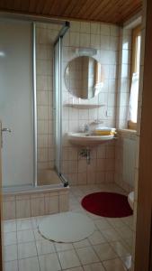 ハウス・イム・エンスタールにあるNeumaierhofのバスルーム(シャワー、シンク、鏡付)