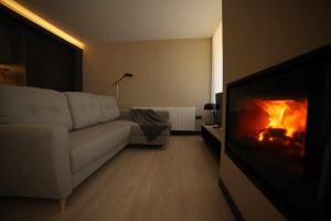 uma sala de estar com um sofá e uma lareira em Masllosar Apartamento Rural Vilafranca em Villafranca del Cid