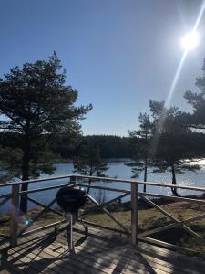 a grill on a deck with a view of a lake at Björsjödal Lake House's in Gothenburg