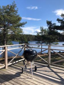 a small black helicopter sitting on a wooden boardwalk at Björsjödal Lake House's in Gothenburg