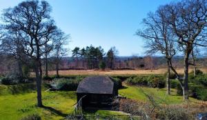 an old house in the middle of a field with trees at Bond's Cottage Barn in Royal Tunbridge Wells