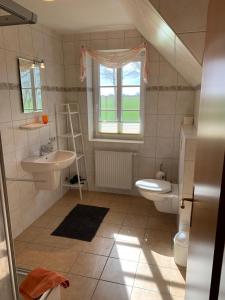 a bathroom with a sink and a toilet and a window at Ferienvermietung Familie Jensen in Tetenbüll