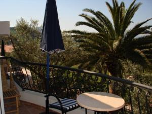 a balcony with a table and an umbrella and a palm tree at Apartments Medin Danilo in Petrovac na Moru