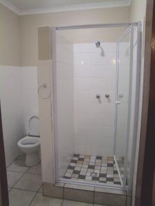 a bathroom with a shower with a toilet at Reheifo Lodge in George