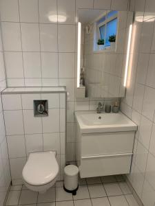 La salle de bains blanche est pourvue de toilettes et d'un lavabo. dans l'établissement Nice and quiet apartment Kristiansand, à Kristiansand