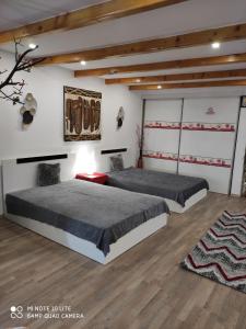 a bedroom with two beds and a rug at Studio Madi - Close to beach in Constanţa