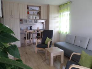 ヴェスプレームにあるLakóparki Apartmanのリビングルーム(ソファ、テーブル付)、キッチンが備わります。