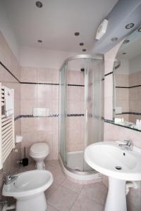 W łazience znajduje się toaleta, umywalka i prysznic. w obiekcie J Hotel w mieście Orbassano