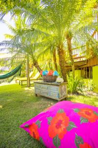 Villa Nicolle - Bahia - Praia do Espelho في برايا دو إسبيلهو: مظلة وردية ملقاة على العشب في الفناء