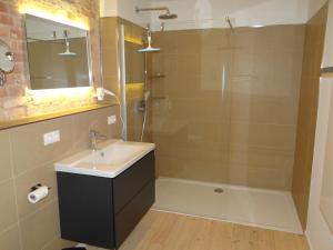 a bathroom with a sink and a shower at Speicher Residenz Barth E3 App 7 in Barth