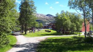 un camino de tierra en un parque con árboles y casas en Vatnahalsen Høyfjellshotell en Myrdal