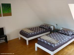 two twin beds in a room with at Domizil Domblick Speyer City, Garage, 50m2 in Speyer