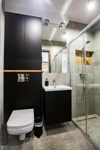 a bathroom with a toilet and a sink and a shower at Apart Family in Łeba