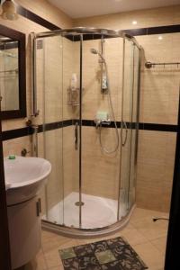 bagno con doccia e lavandino di Apartament z basenem a Kościelisko