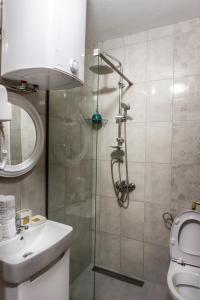 a bathroom with a shower and a toilet and a sink at Clarina All Seasons Rooms & Apartments in Kruševo