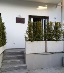 un escalier avec des plantes en pot devant un bâtiment dans l'établissement Suite Mariagiovanni, à Lecce