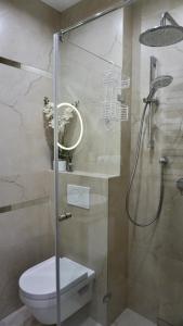 a bathroom with a glass shower with a toilet at Apartament w samym sercu Opola in Opole +14 photos
