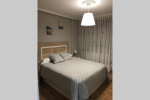 1 dormitorio con 1 cama y luz colgante en Piso La Reina, en Medina del Campo