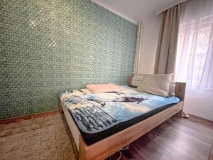 a bedroom with a bed with a green wall at Pannónia Best Home in Budapest