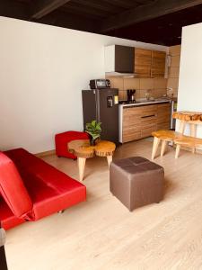 a living room with a red couch and a kitchen at Apartamento zona colonial lindísimo 101 in Zipaquirá