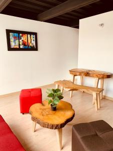 a living room with a table and a table with a plant at Apartamento zona colonial lindísimo 202 in Zipaquirá