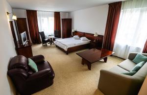 a hotel room with a bed and a living room at Pensiunea Flora in Târgu-Mureş