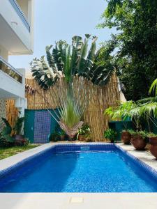 a swimming pool in a yard with a palm tree at L'Oasis Guesthouse in Cotonou