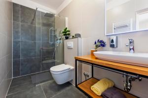 La salle de bains est pourvue d'un lavabo, de toilettes et d'une douche. dans l'établissement Apartment & Rooms Graciela, à Rovinj
