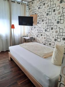 een slaapkamer met een groot bed en een flatscreen-tv bij Oase Residence in Stuttgart