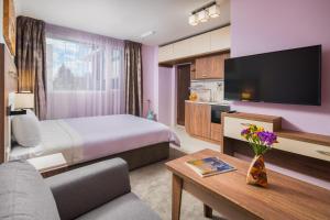 Una habitación de hotel con una cama y un televisor. en АРТ СТУДИО СОФИЯ, en Sofía