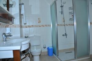 a bathroom with a shower and a toilet and a sink at Aquarius Hotel in Side
