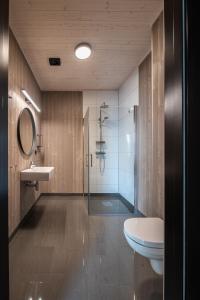 La salle de bains est pourvue d'une douche, de toilettes et d'un lavabo. dans l'établissement Risøyhamn Sjøhus AS, à Risøyhamn
