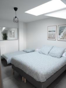 een witte slaapkamer met 2 bedden en een dakraam bij Appartement spacieux et moderne - Tout confort in Hendaye