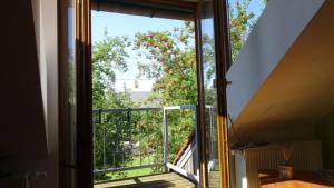 eine offene Tür zu einem Balkon mit einem Baum in der Unterkunft RuheOase mit Baumkronenblick in Naundorf
