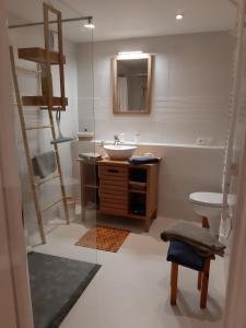 ein Badezimmer mit einem Waschbecken, einem WC und einem Spiegel in der Unterkunft La Longère d'Arzoù, chambres d'hôtes in Baden