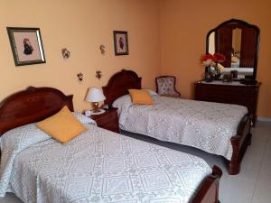 1 dormitorio con 2 camas y espejo en La Palomera, en León