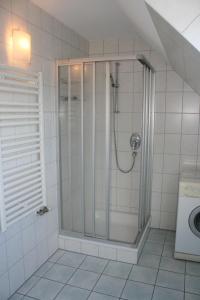a shower with a glass door in a bathroom at Strandstr_41 Fewo 1 in Zingst