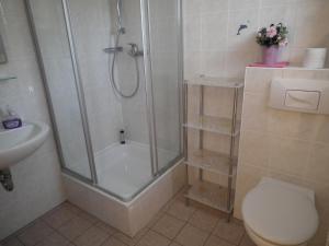 a bathroom with a shower and a toilet and a sink at Lindenstrassee Haus Sonnengru_ in Zingst