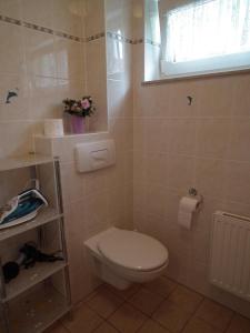 a small bathroom with a toilet and a window at Lindenstrassee Haus Sonnengru_ in Zingst