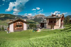two houses in a field with mountains in the background at Chalet Teola in Livigno