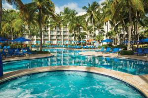 una piscina en el complejo con sillas azules y palmeras en Margaritaville Vacation Club by Wyndham - Rio Mar en Rio Grande