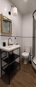a bathroom with a sink and a toilet and a mirror at Apartament Grunwaldzka in Tuchola
