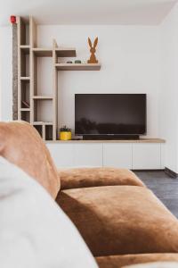 un soggiorno con divano e TV a schermo piatto di De Balloo, vakantiehuis met sauna en jacuzzi a Zuienkerke