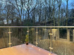 a glass balcony with a view of a garden at Glencree in Windermere