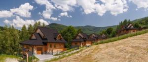 a row of houses on a hill next to a field at Mosorny Park Zawoja Całoroczne domki w górach in Zawoja